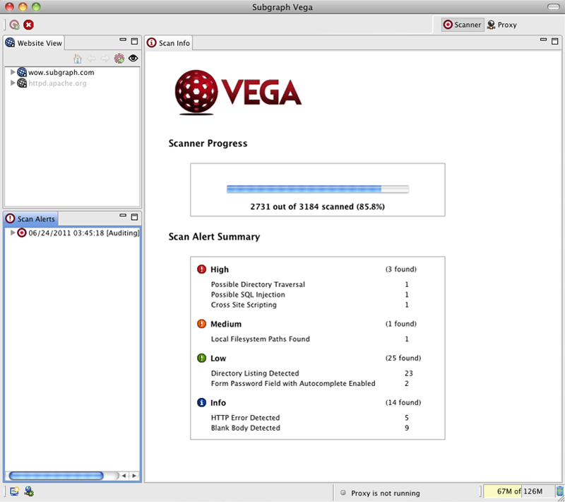 Using Vega to perform an automated vulnerability scan against a web application.