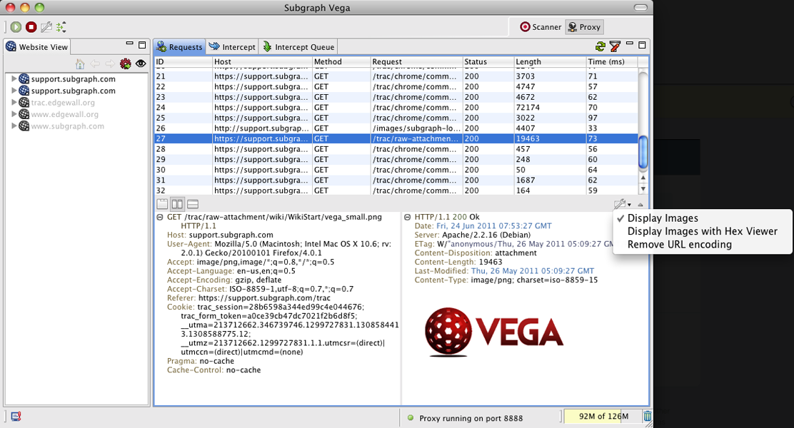 Intercepting HTTPS traffic with the Vega Proxy.